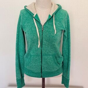 American Eagle Zip Up Hoodie Sz M Green Marled Sherpa Lined Knit Sweatshirt